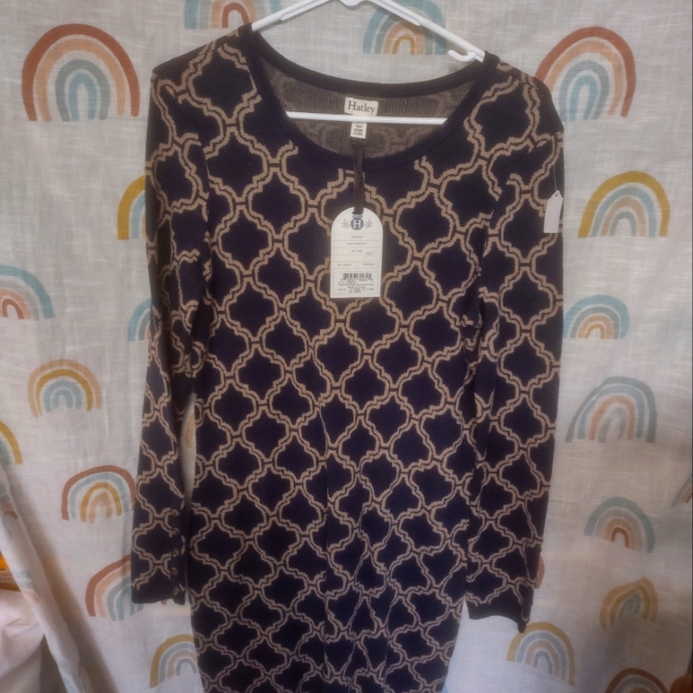 Hatley Women's Navy Blue Tan Long Sleeve Knit Sweater Dress M